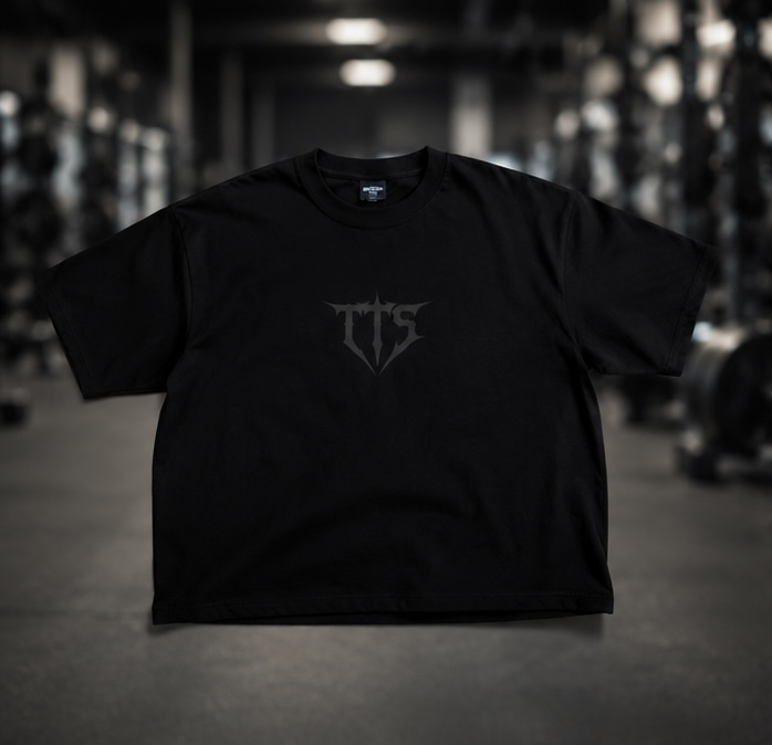 TTS oversized tee front — dark-gray TTS chest logo
